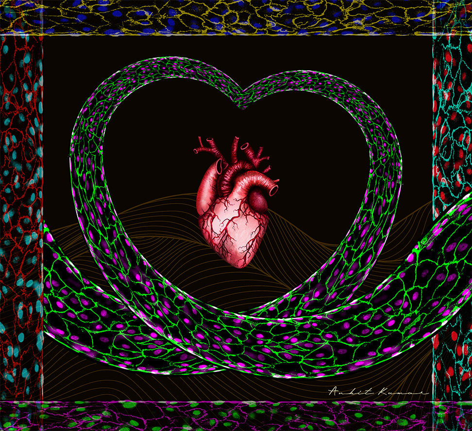 A realistic human heart framed by green and purple cells forming a heart shape.