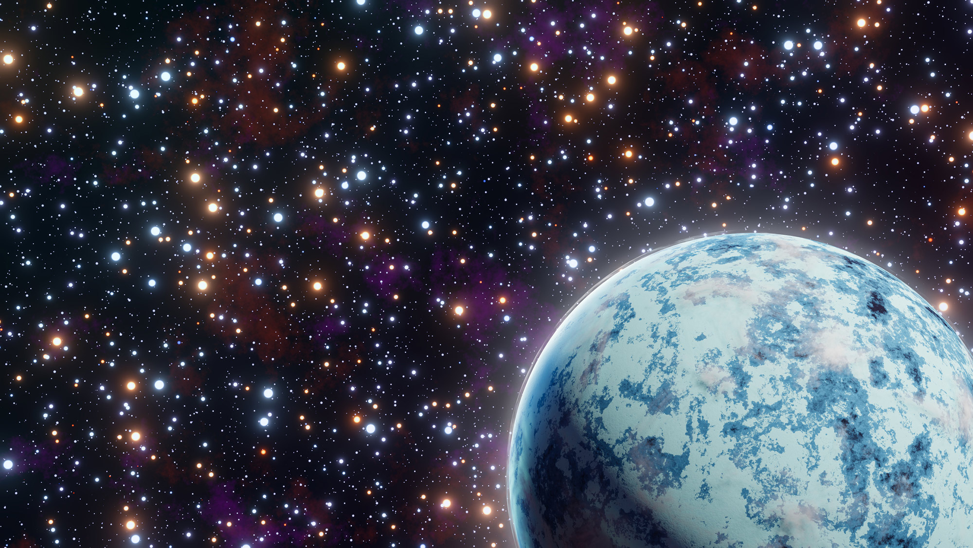 A digital illustration of a frozen planet in space, surrounded by a vast field of stars. 