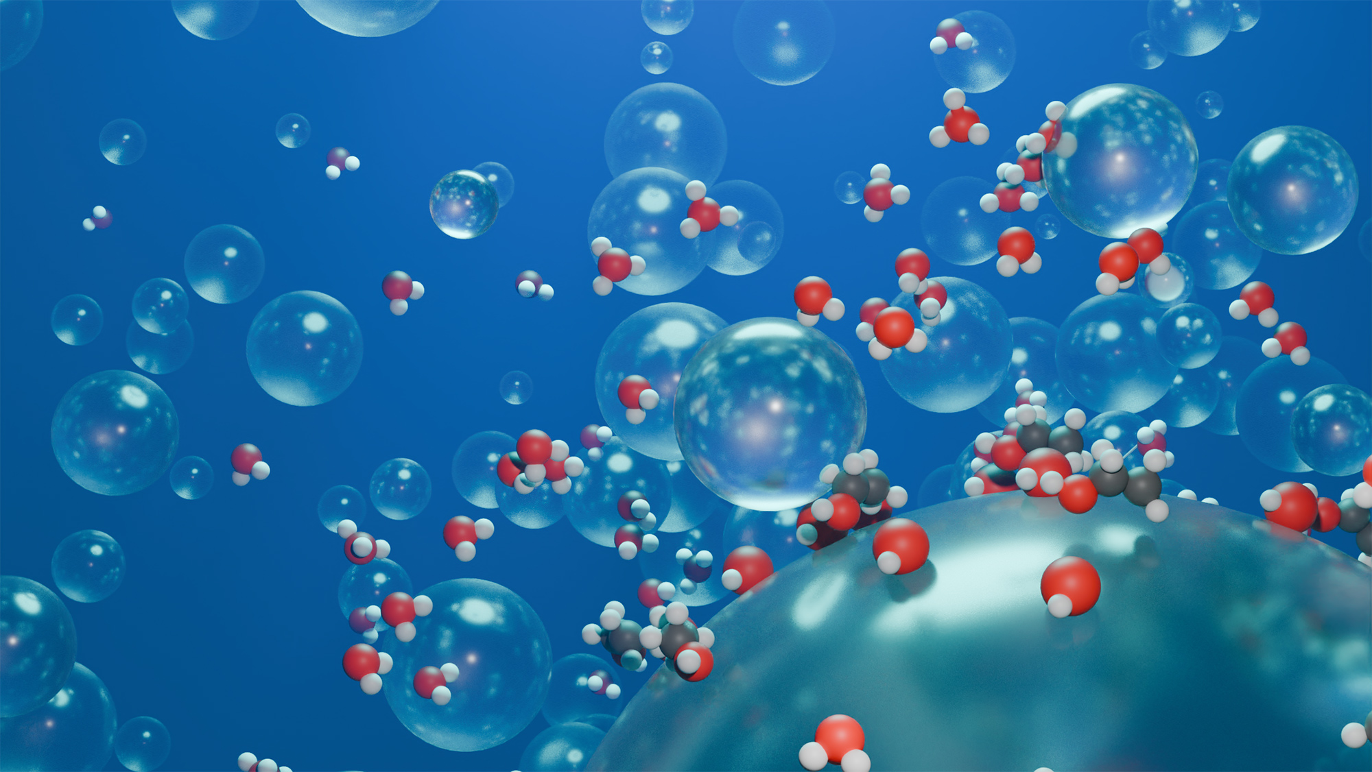 3D molecules and bubbles with a blue background.