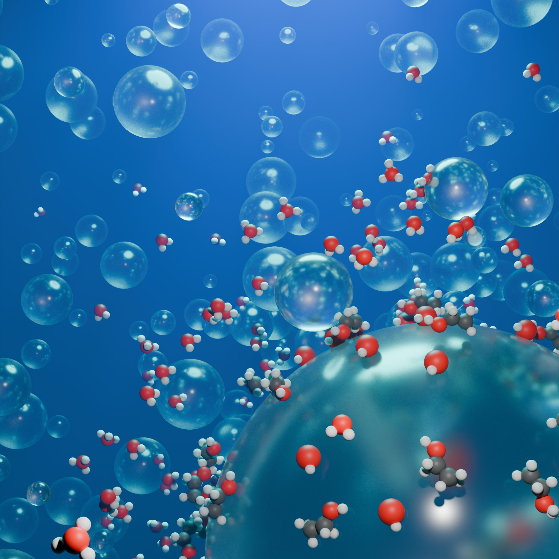 3D molecules and bubbles with a blue background.