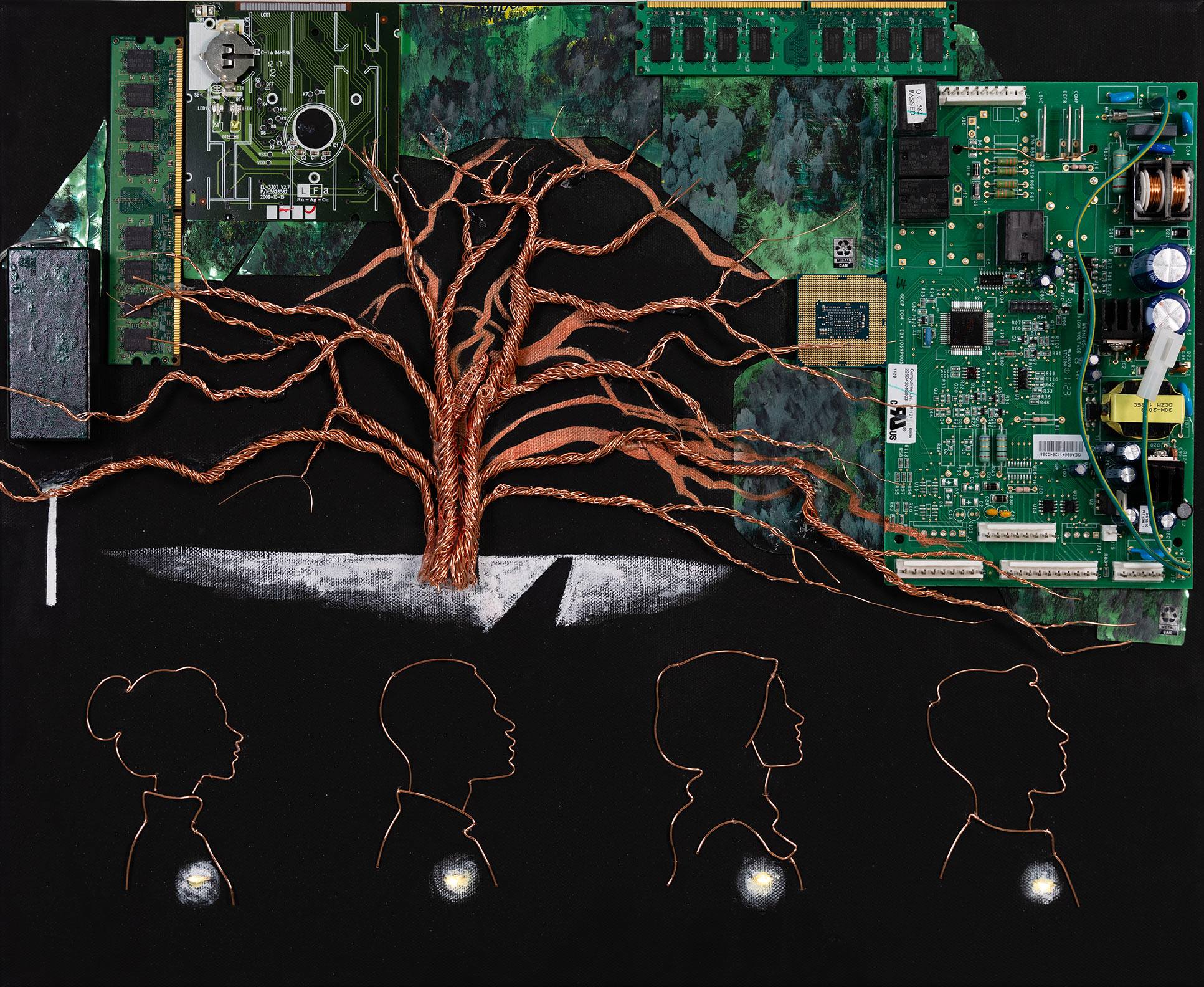 Artwork depicting a tree made of wires and circuit boards.