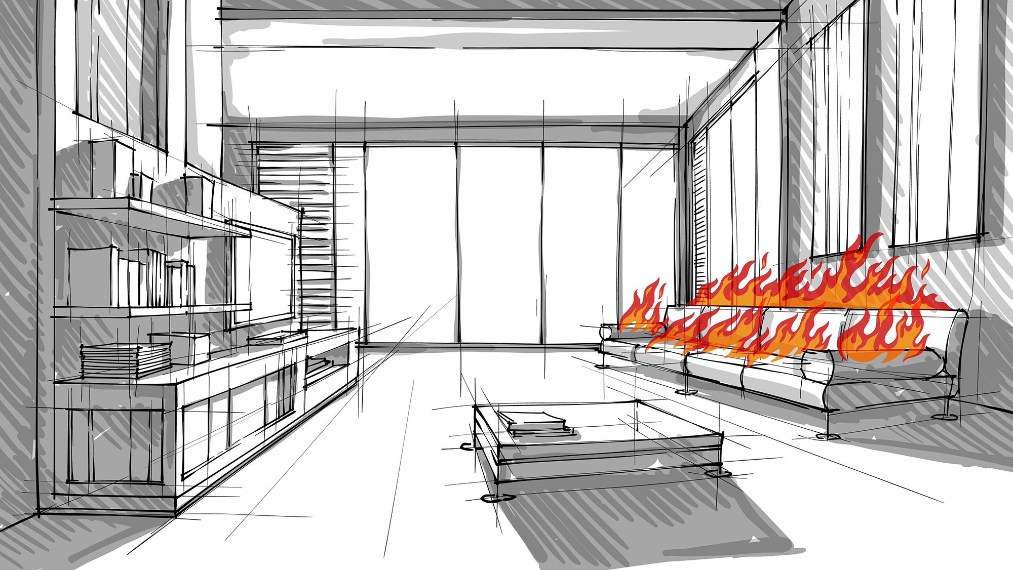 A sketch of a living room with a couch on fire.