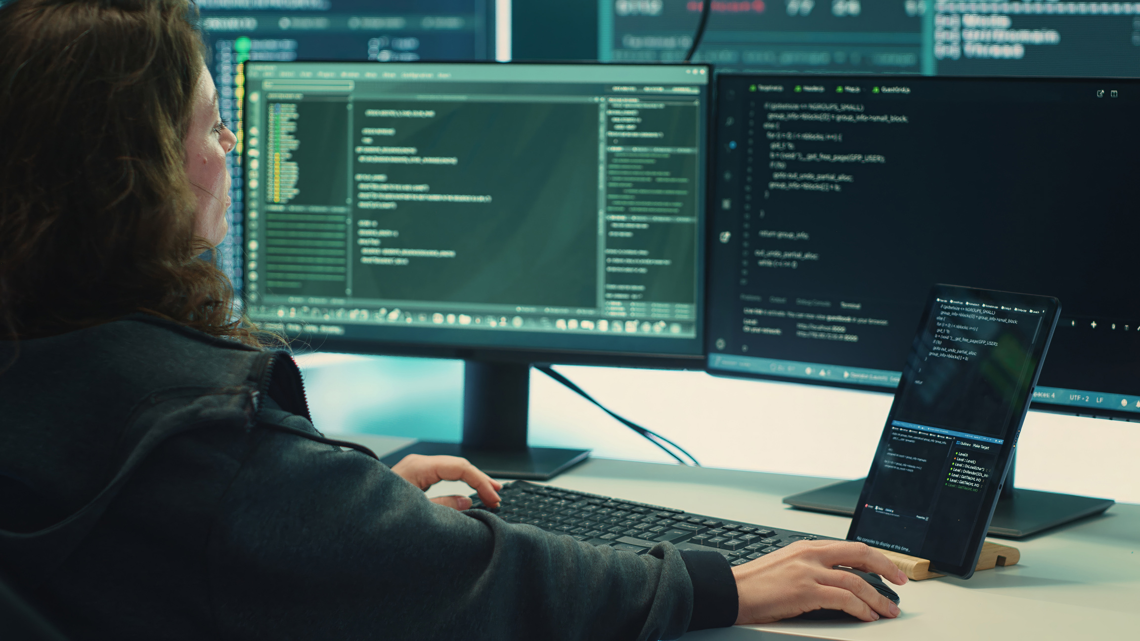A woman sitting at a computer.