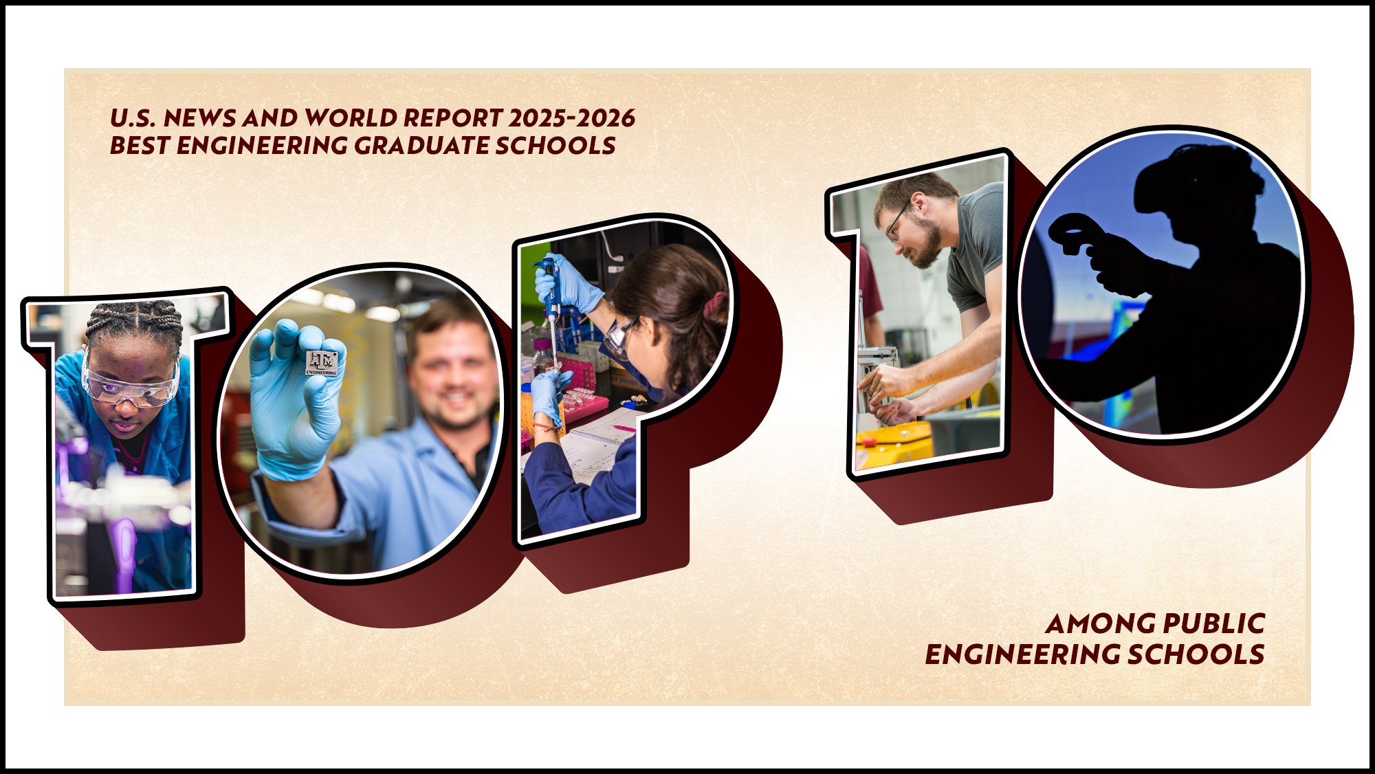 U.S. News and World Report 2025-2026 Best Engineering Schools, Top 10 among public engineering schools. The text features graduate students performing or demonstrating research.