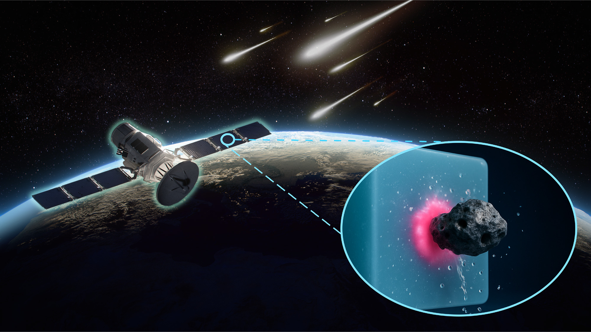 A satellite in Earth&rsquo;s orbit with meteors headed towards it and a close-up of a self-healing polymer in action.