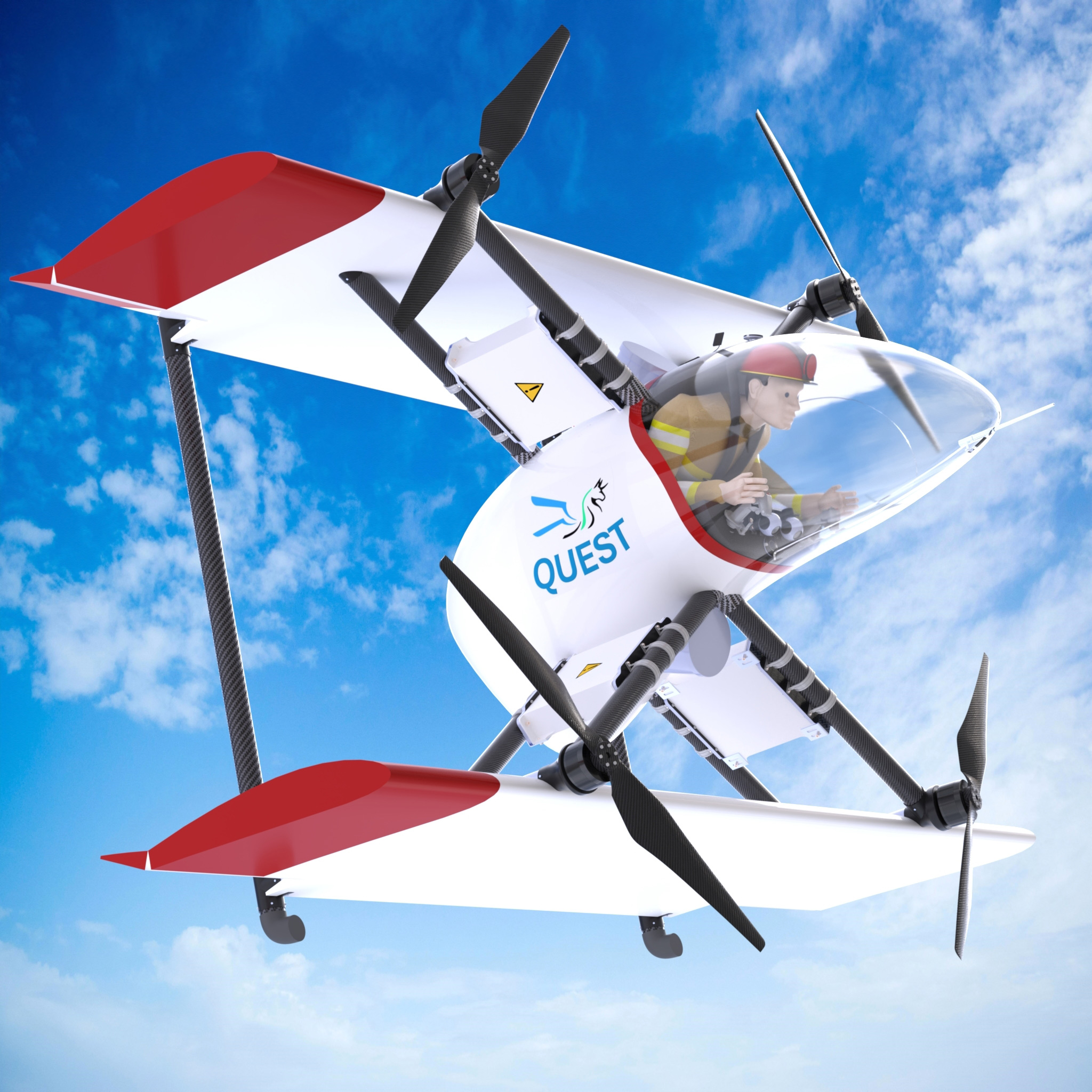 A 3D model of an airplane set against a blue sky with clouds.