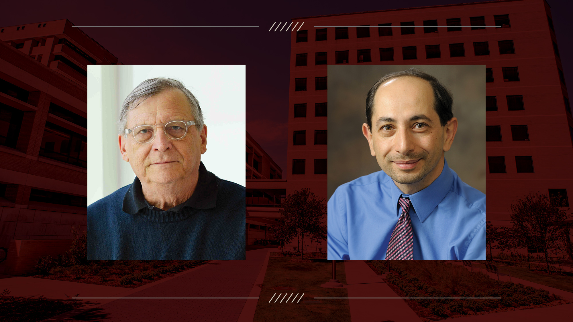 Headshots of two men on a maroon background.