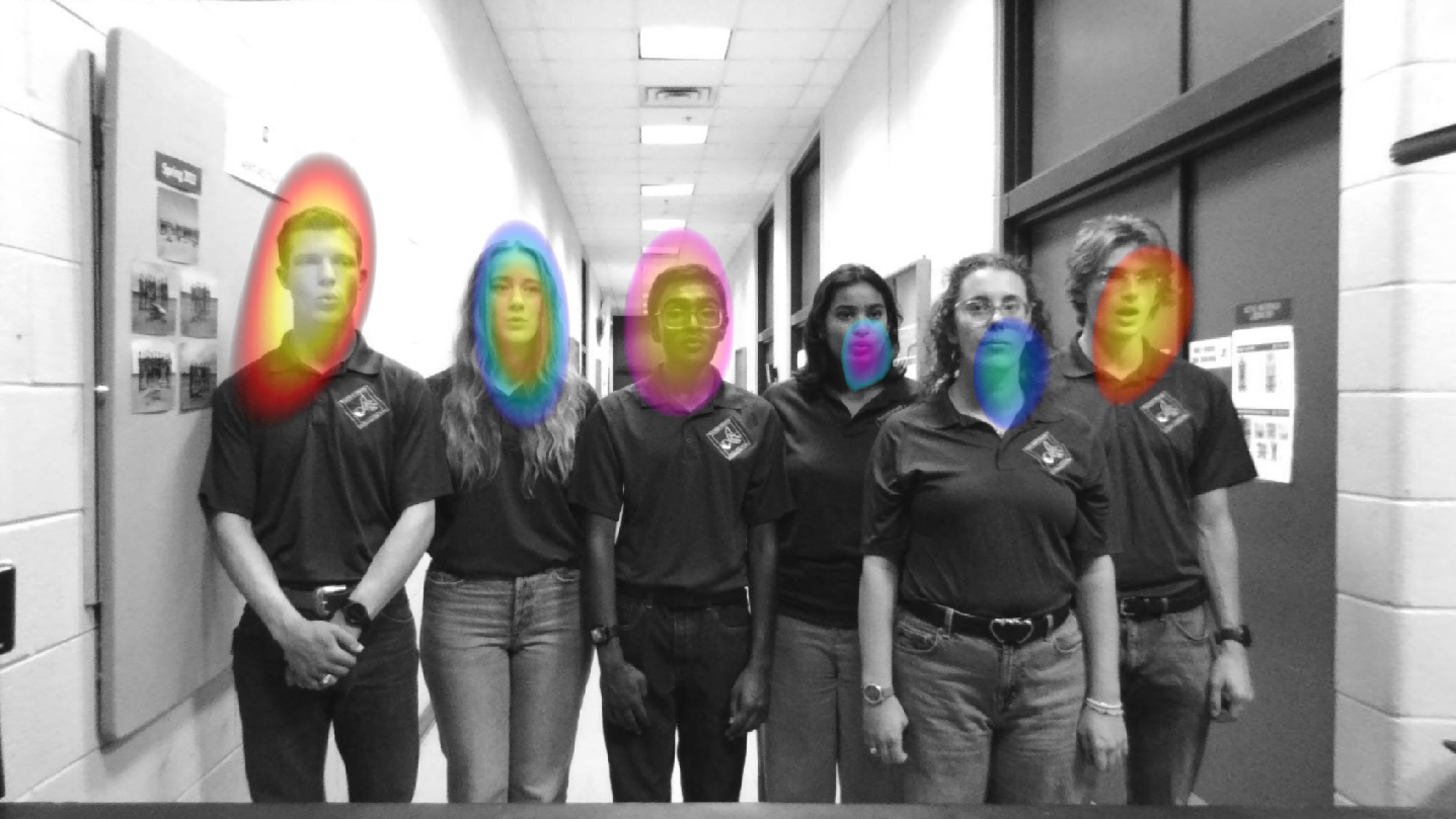 Five people standing with color auras around their heads.