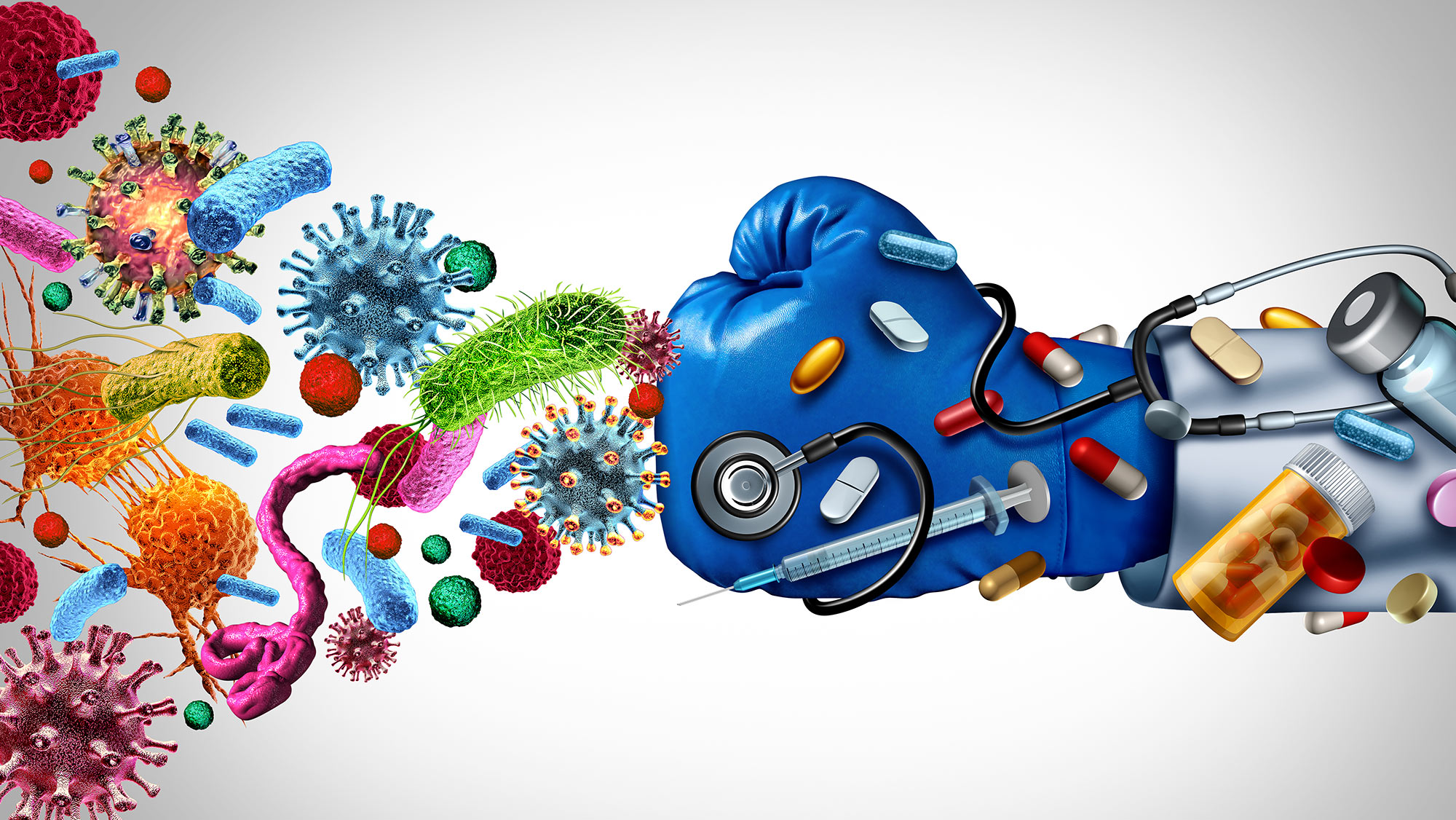 A gloved hand covered in medical devices and medicine fighting off bacteria.