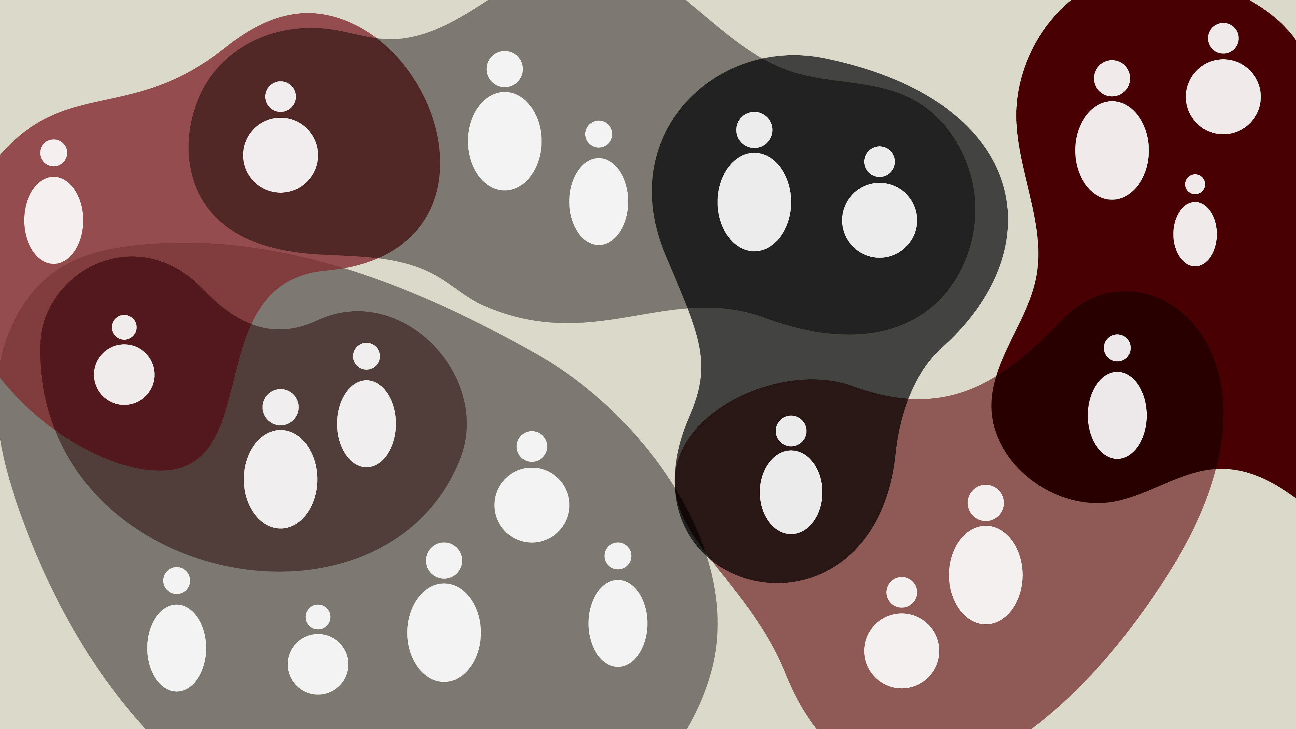 Pairs of circles and ovals grouped by colorful overlapping shapes. 