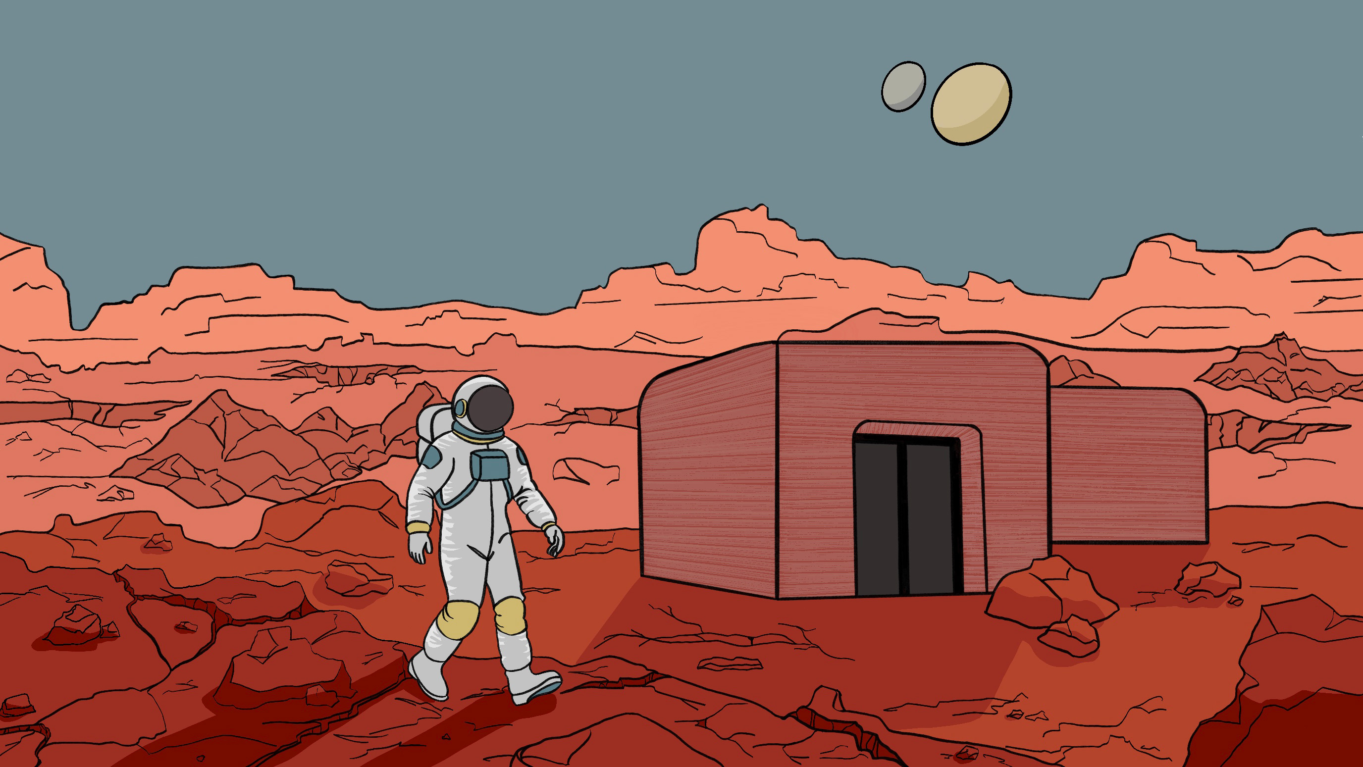 A drawing of an astronaut walking past a house on Mars.
