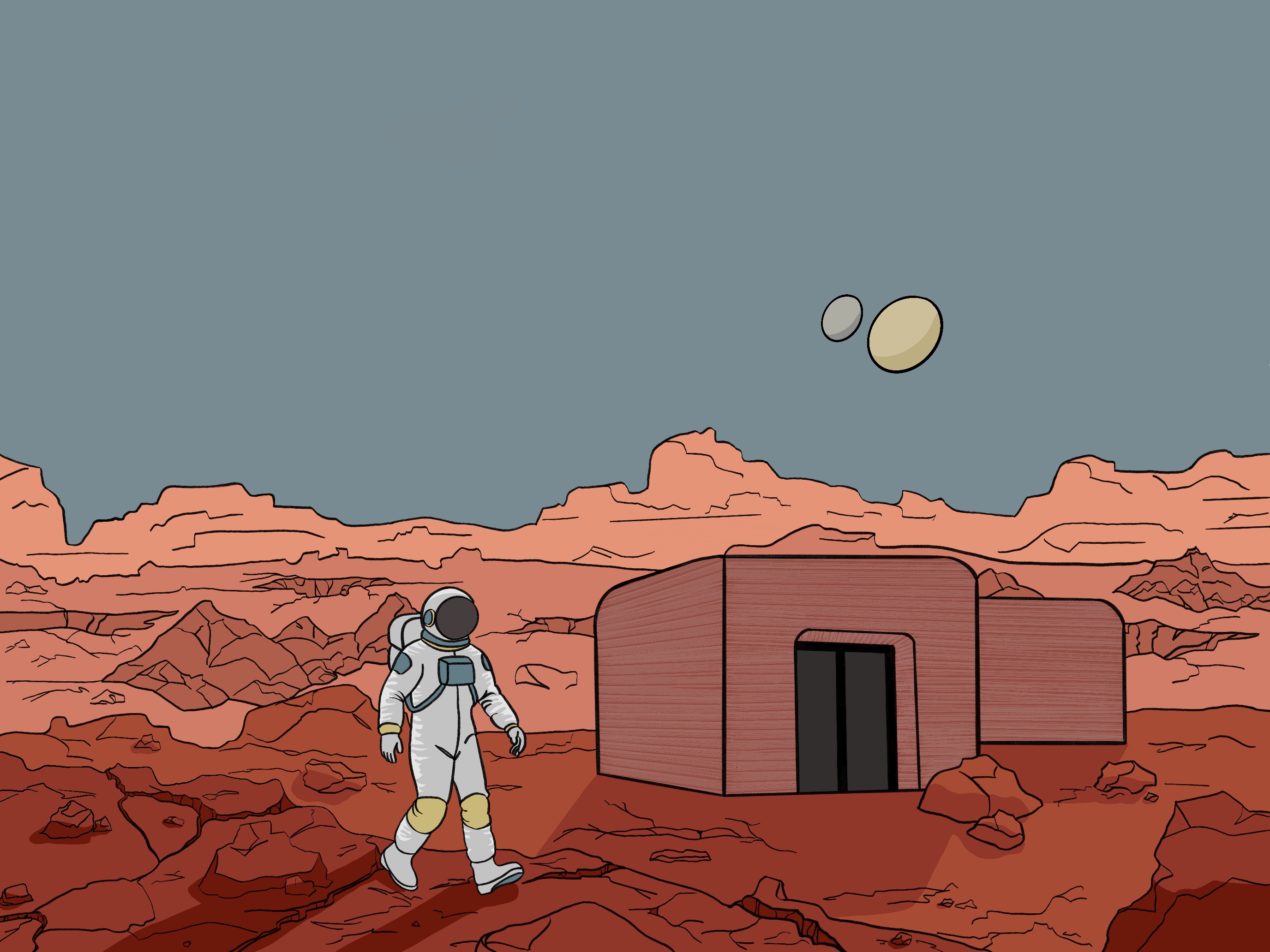 A drawing of an astronaut walking past a house on Mars.