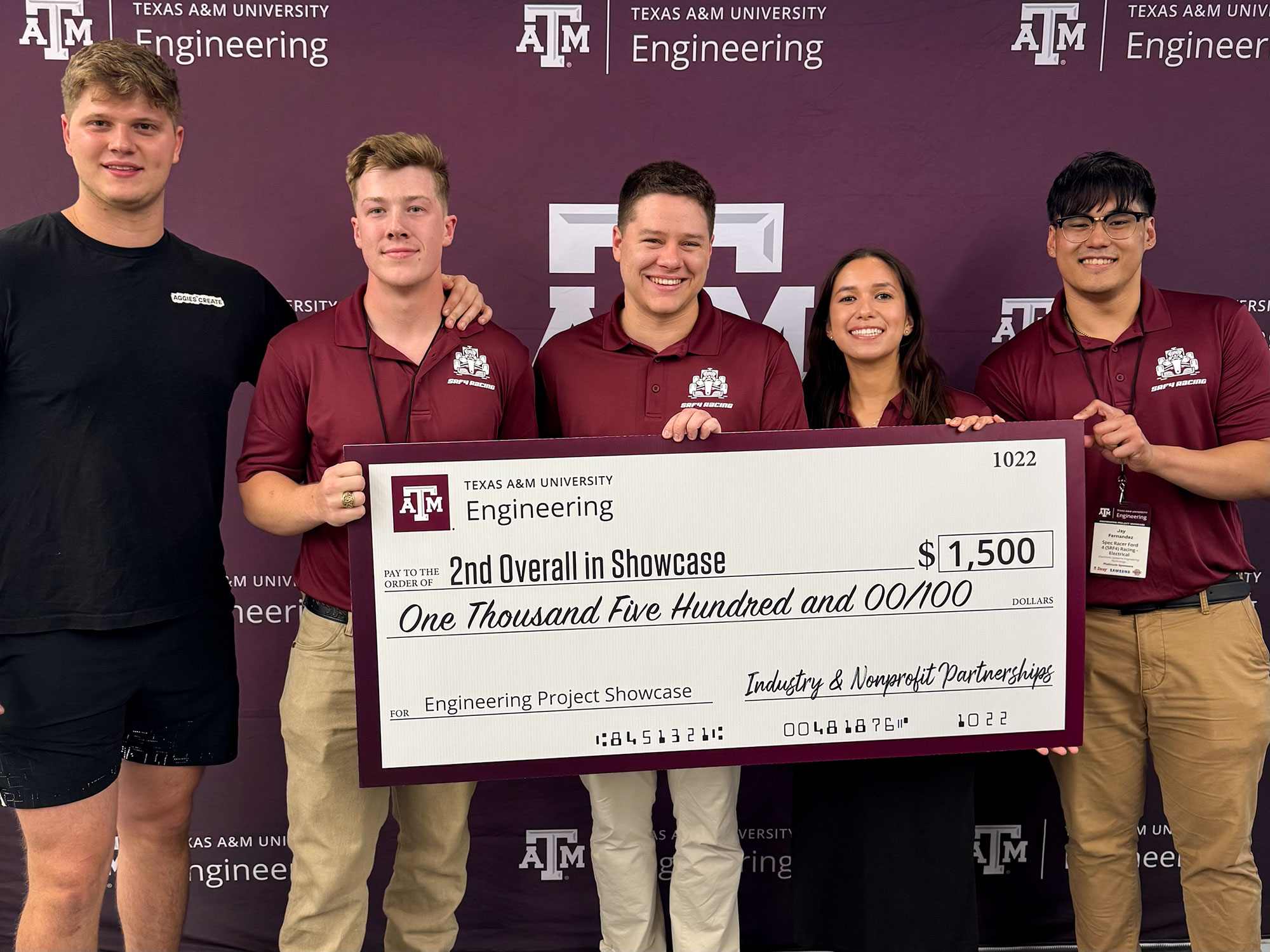 Left to Right: Mark Snyder, Henry Waggoner, Ryan Keener, Jacqueline Aleman and Jay Fernandez celebrate success at the Engineering Project Showcase.