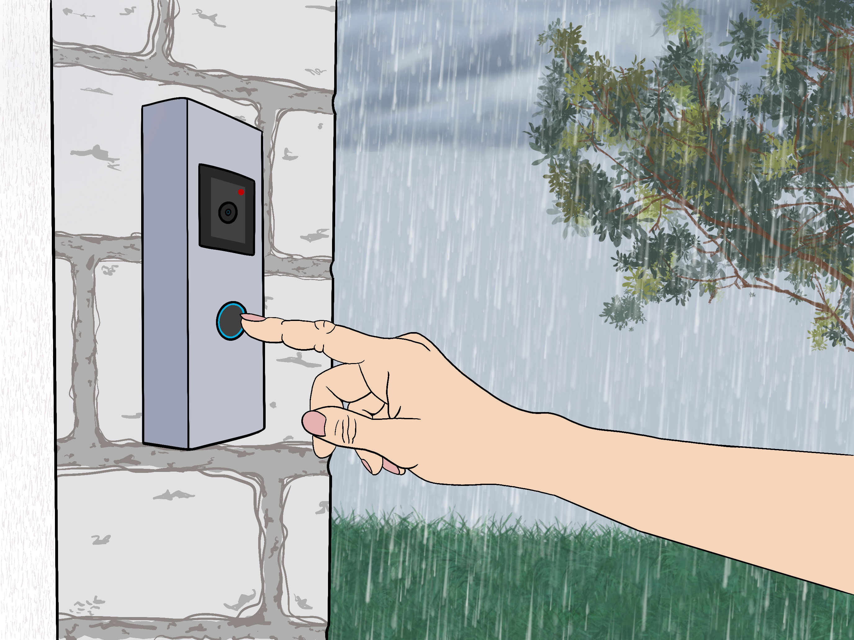 A hand ringing a doorbell with a rainy background.