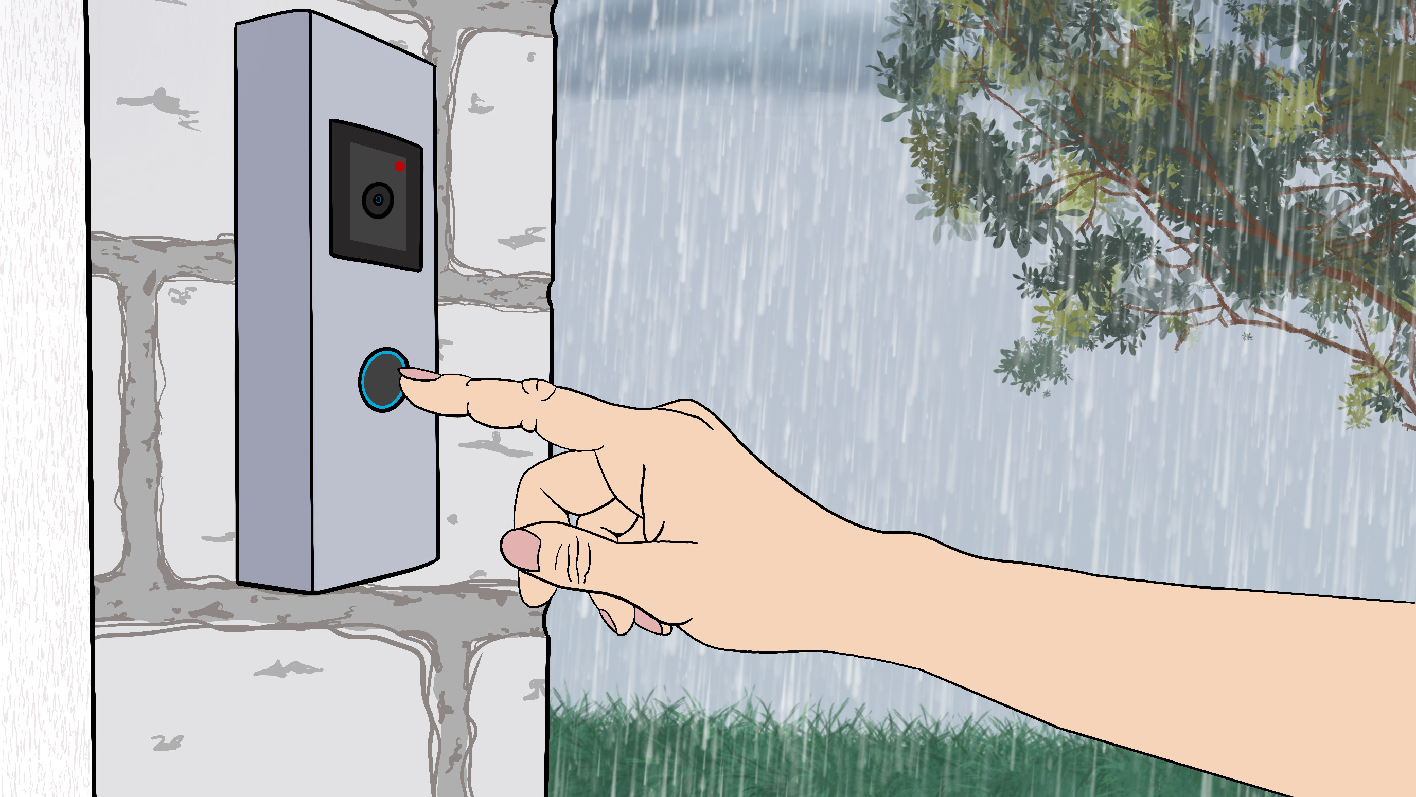 A hand ringing a doorbell with a rainy background.