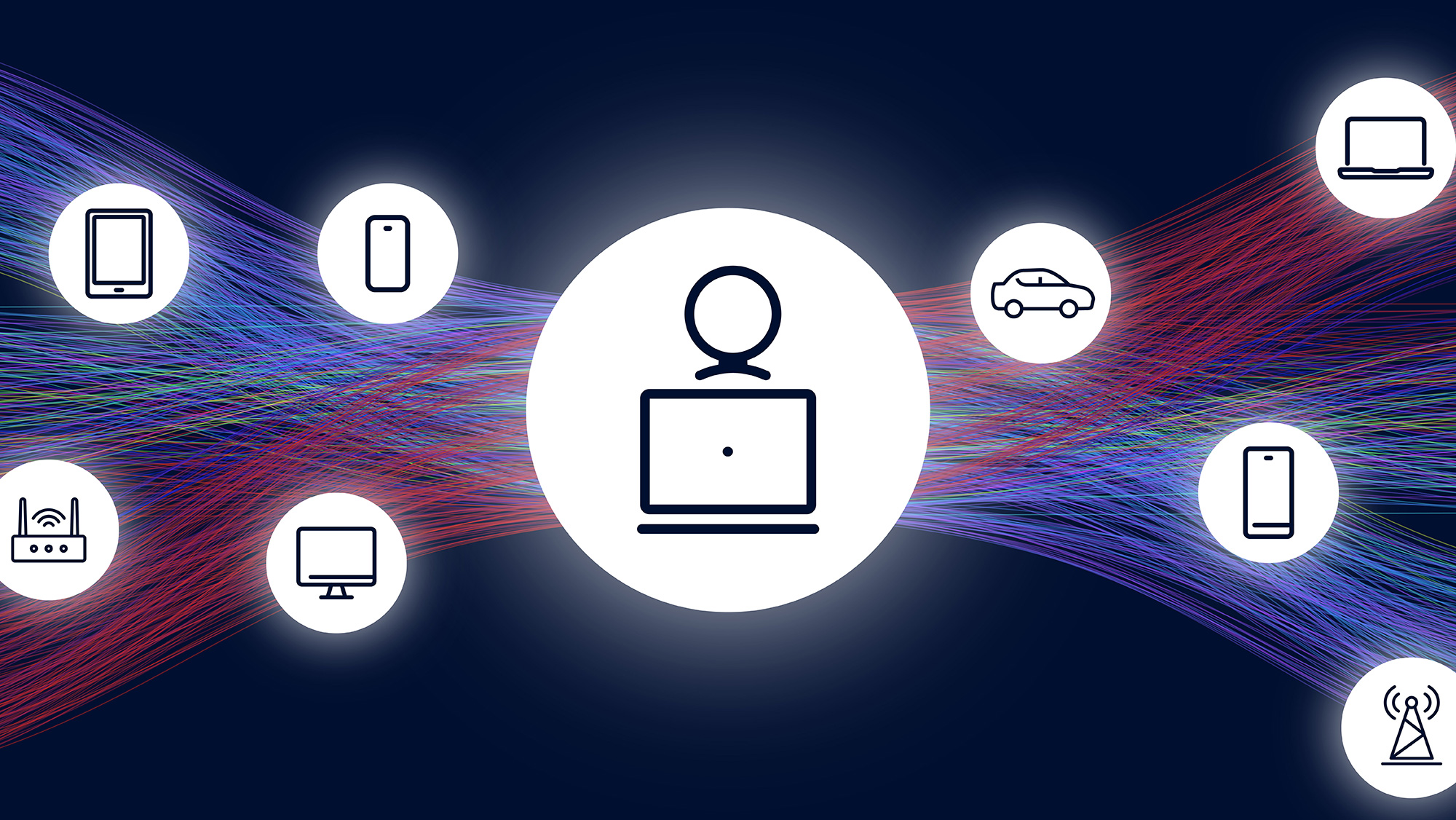A web of interconnected vehicles, infrastructure and devices with a person in the center.