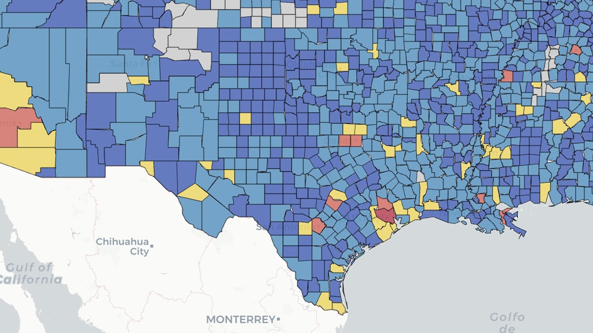  A color-coded map of United States’ counties.
