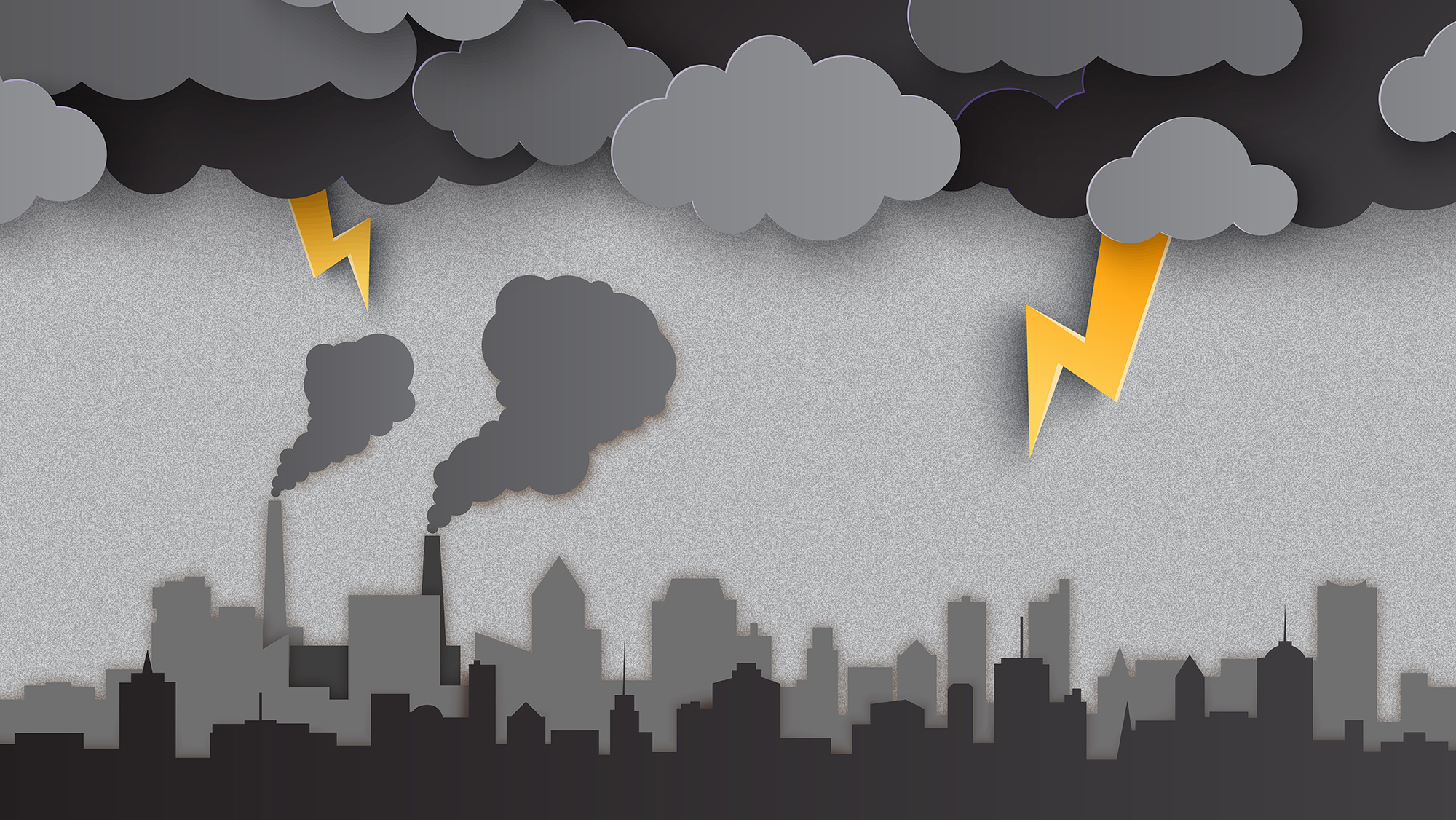 A city skyline with smoke clouds below a lightning storm.