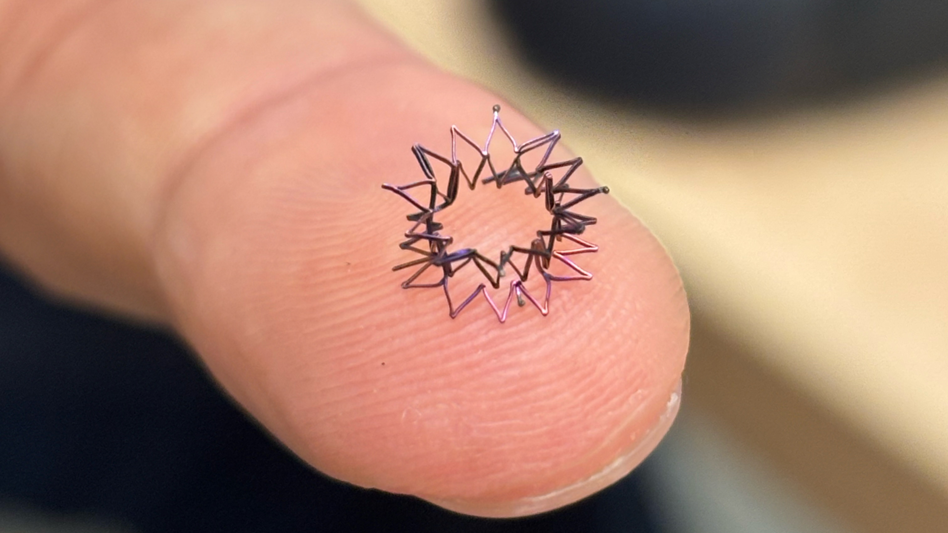 A small circular device constructed out of metal wire rests on the end of a fingertip.