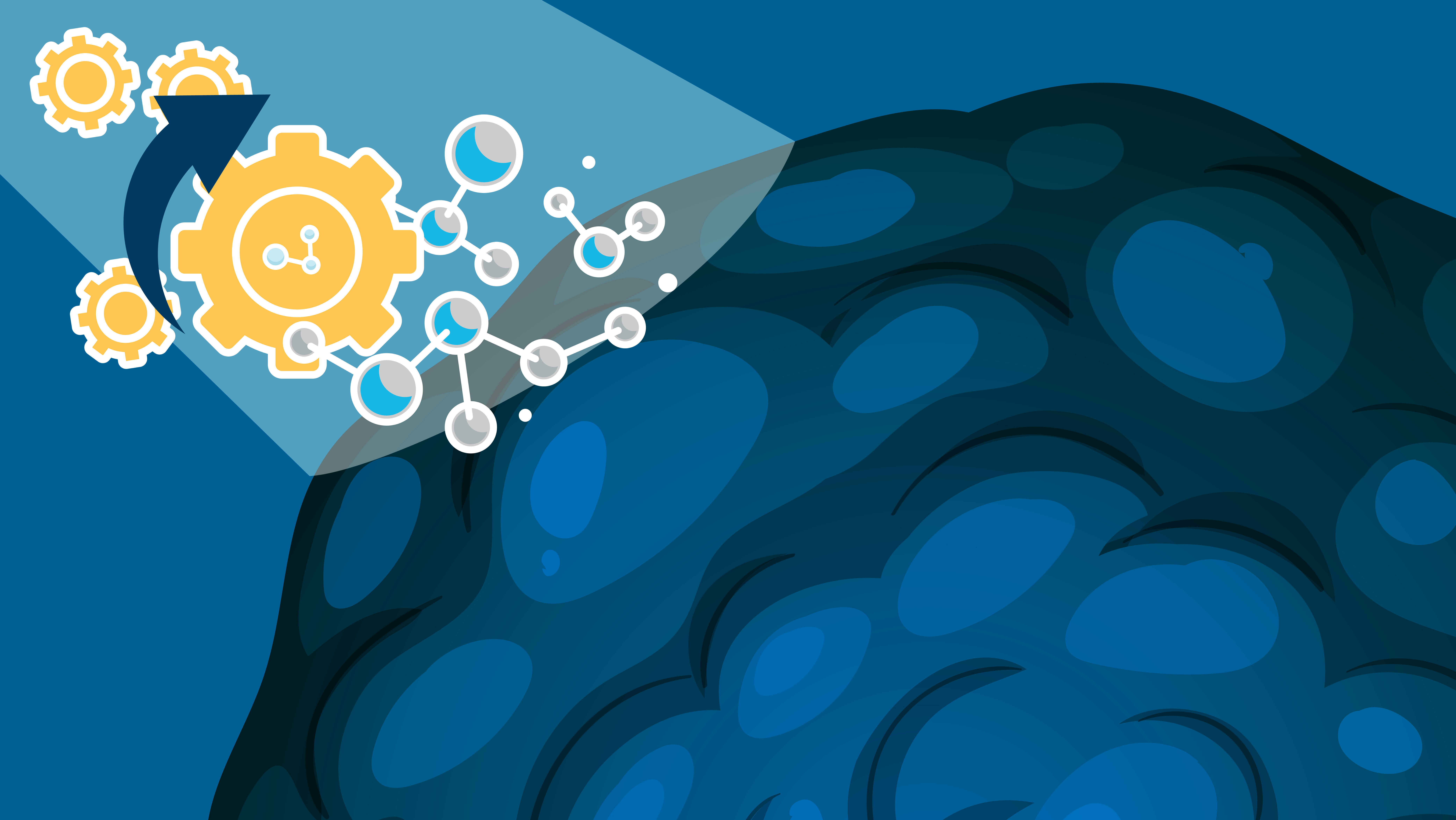 A graphic of a spotlight filled with gears on a cancer cell.