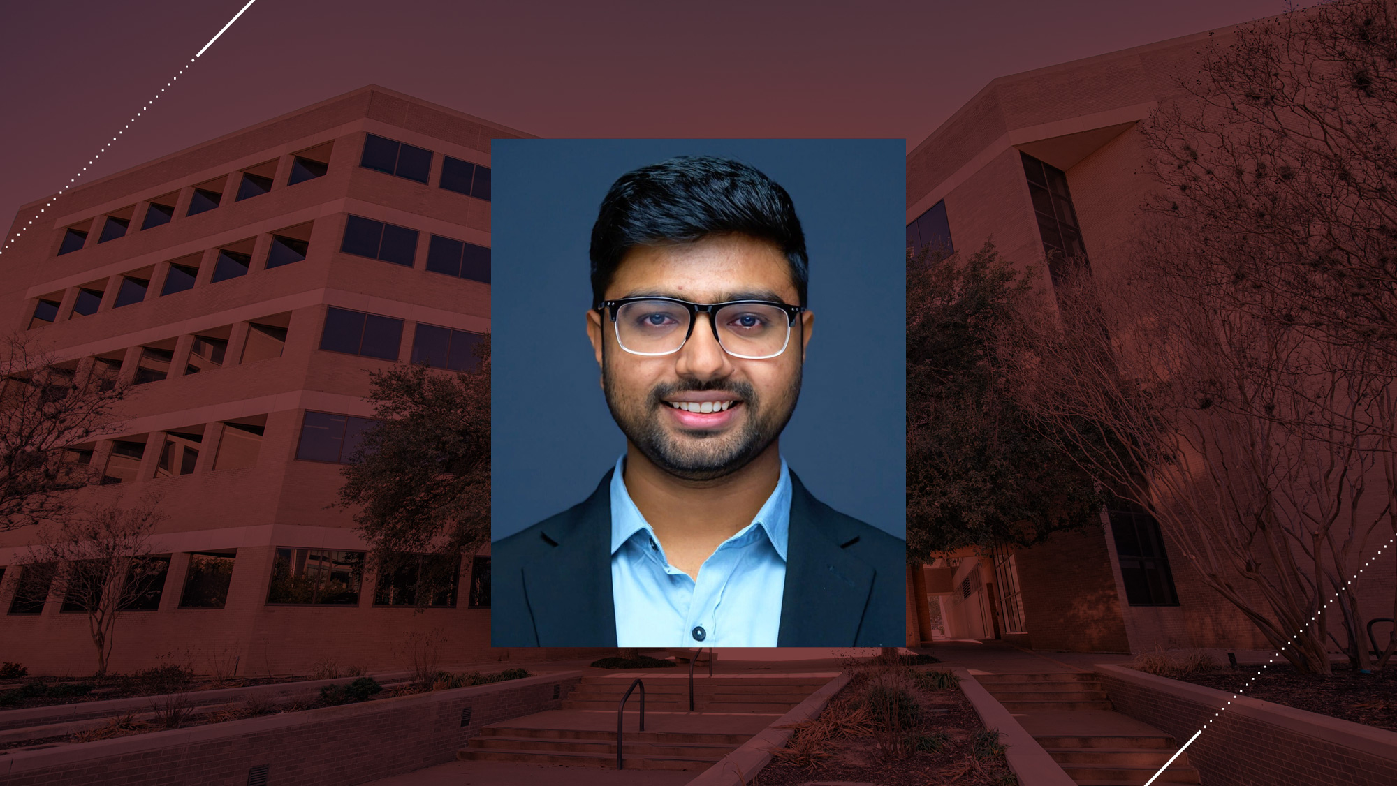 Headshot of a man on a maroon background.
