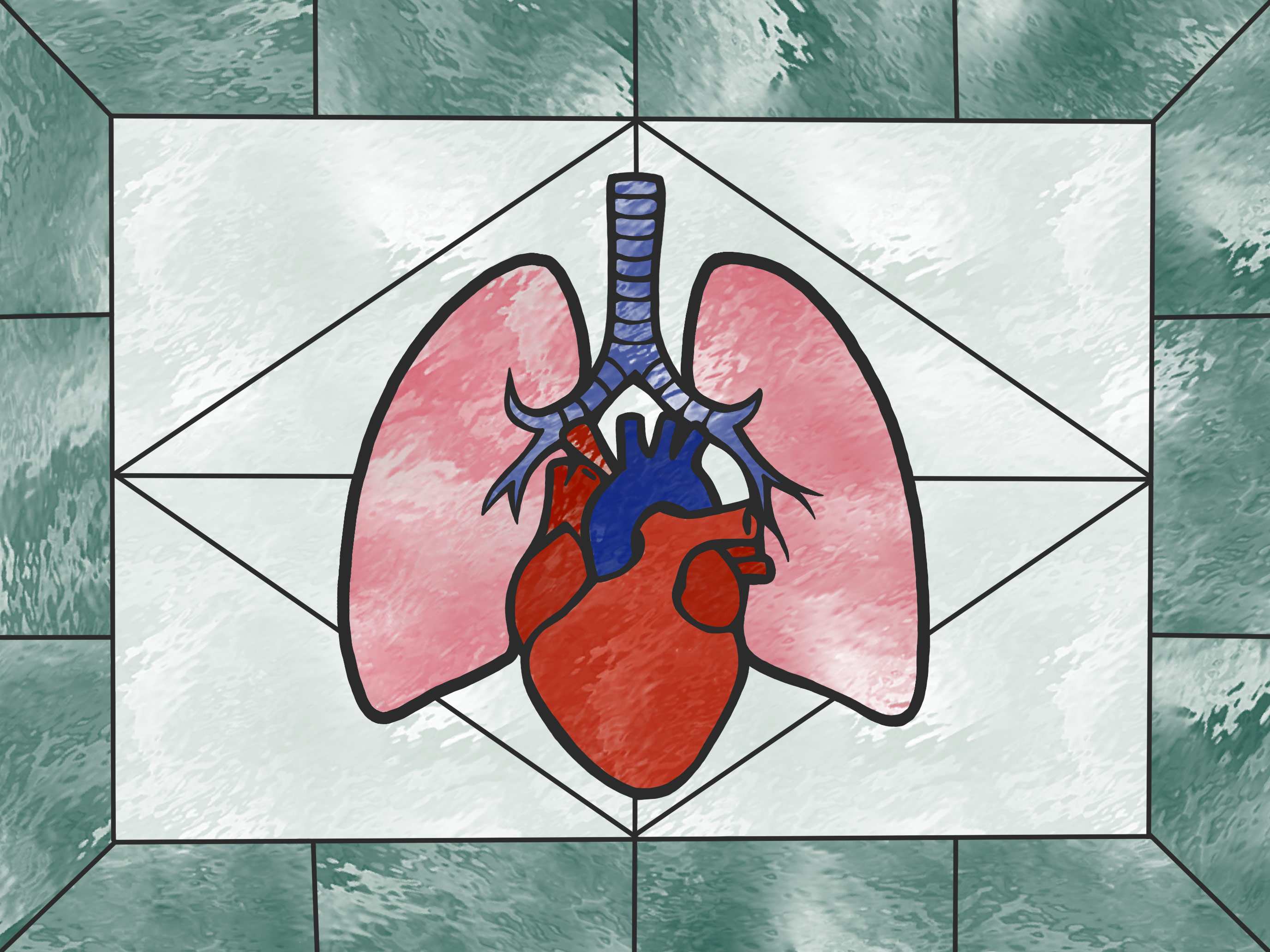 A stained-glass depiction of an anatomical heart and lungs.