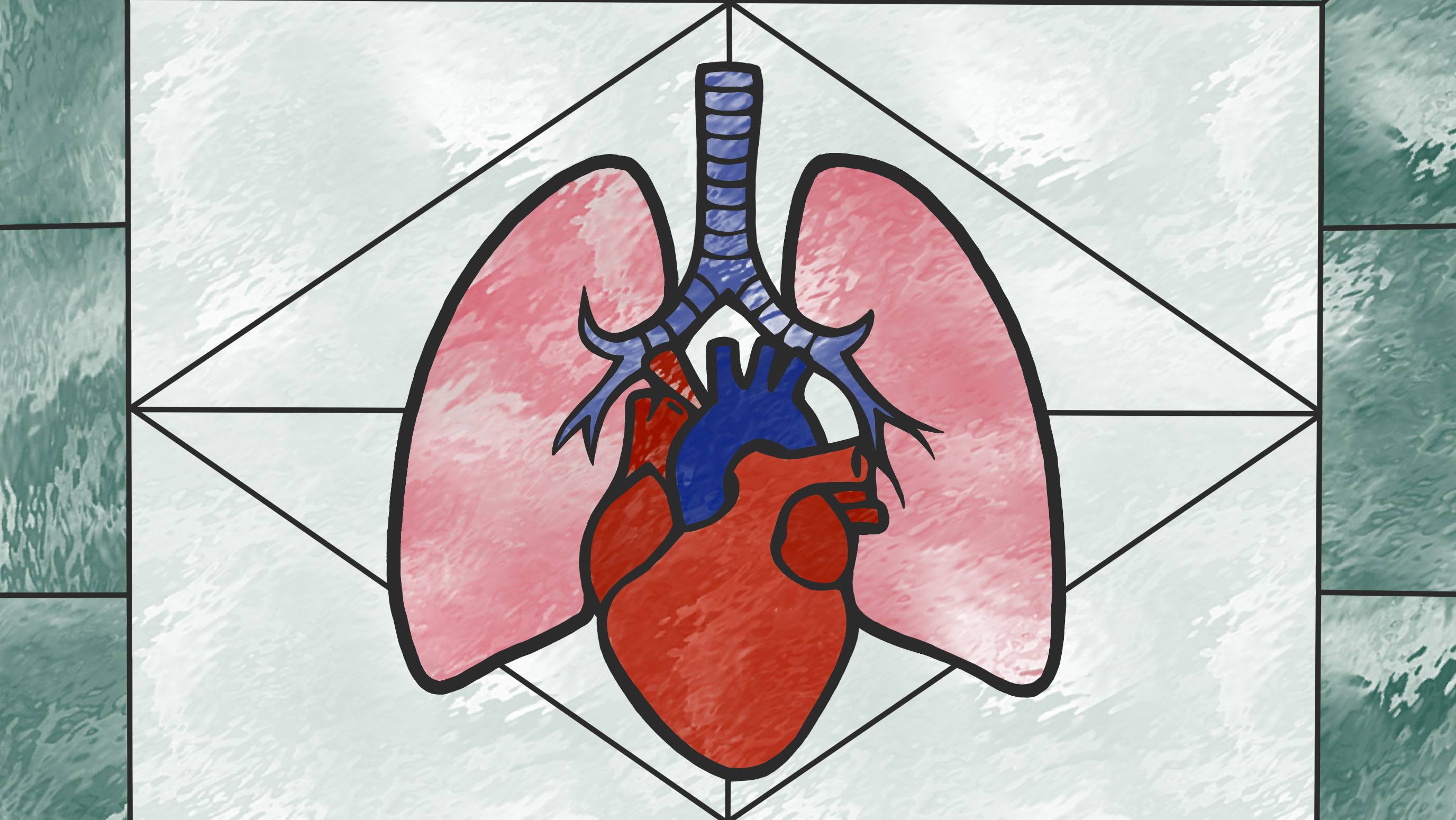 A stained-glass depiction of an anatomical heart and lungs.