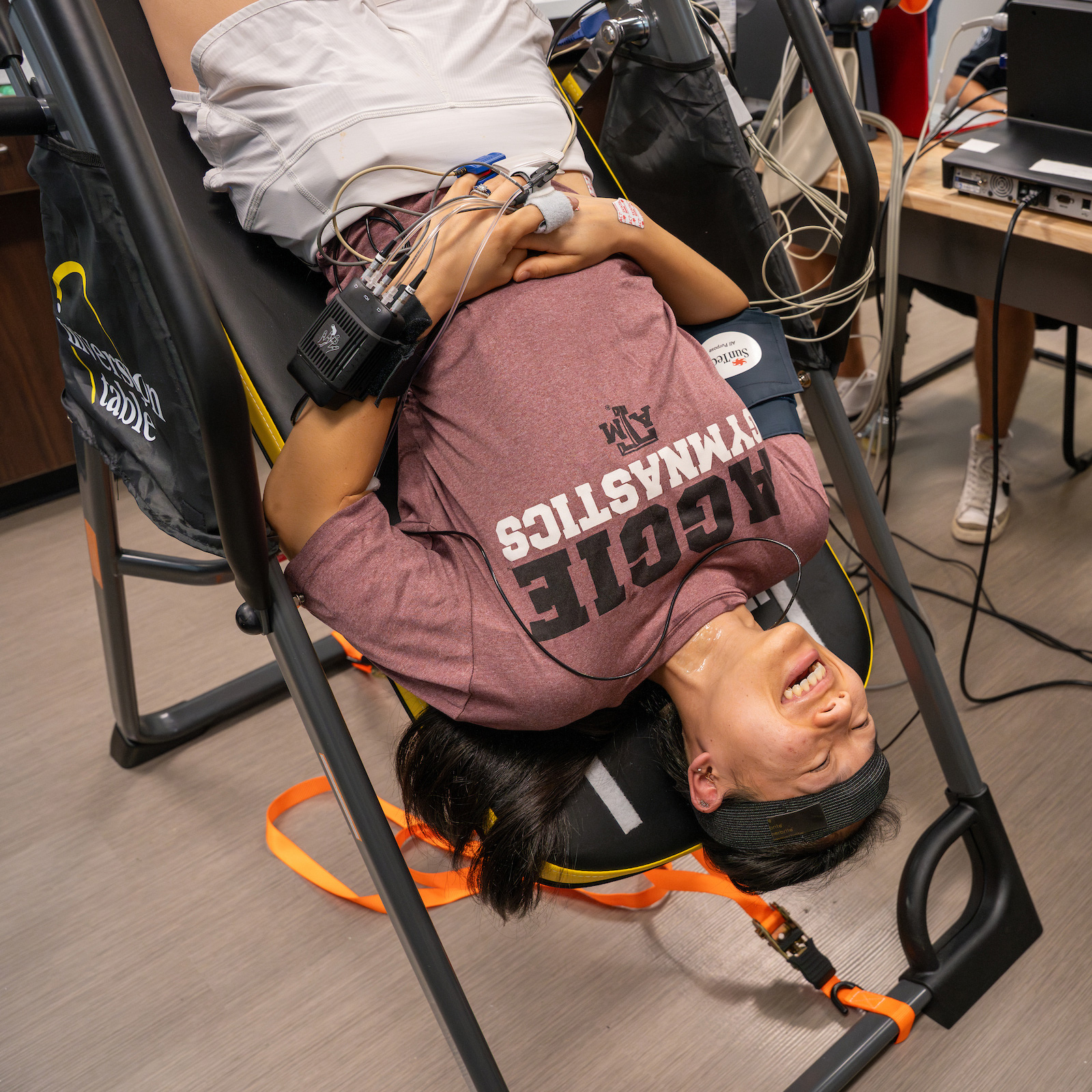 A study participant lying in a head down position.