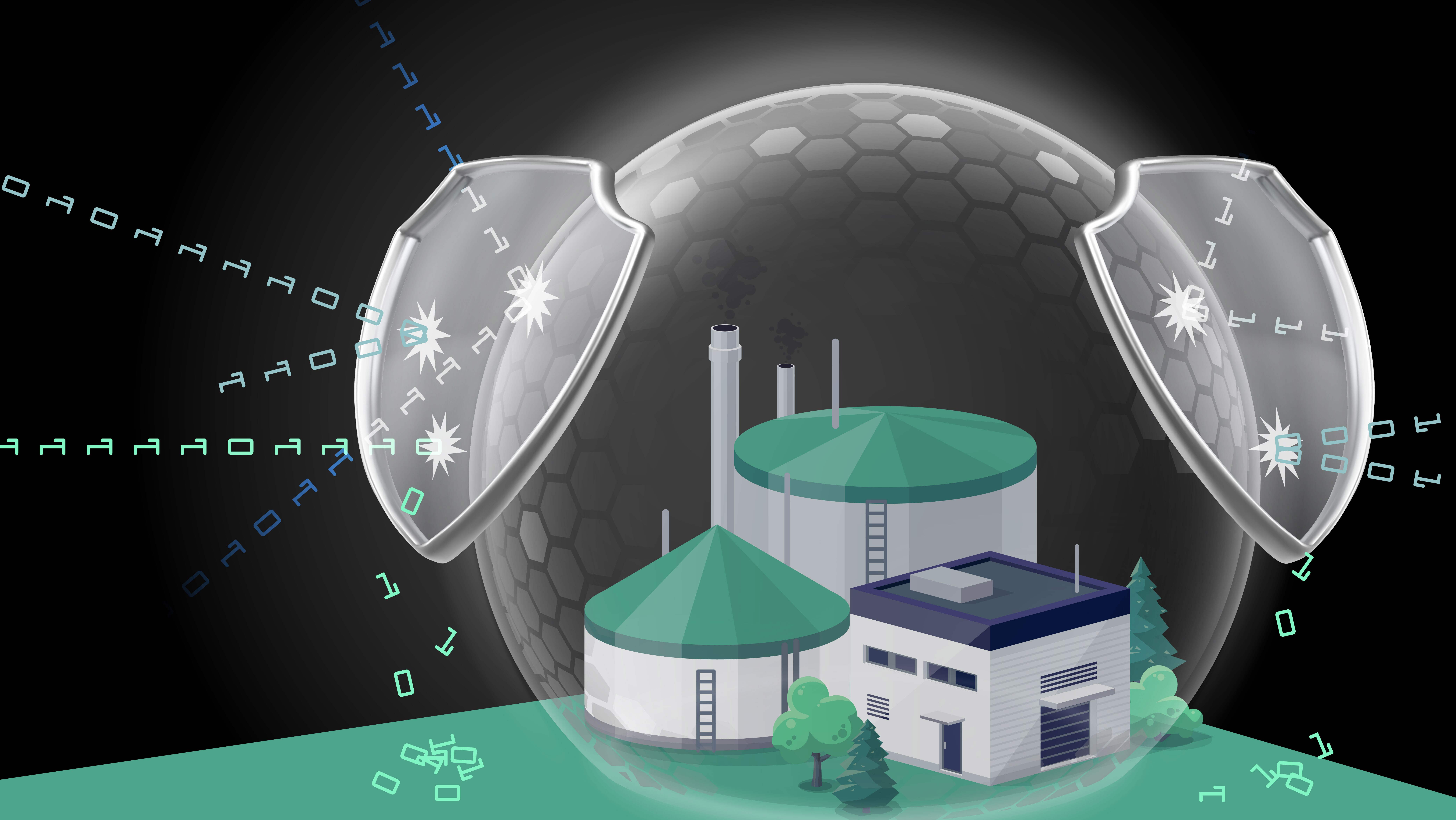 A factory surrounded by a force field and shields deflecting cyber-attacks. 