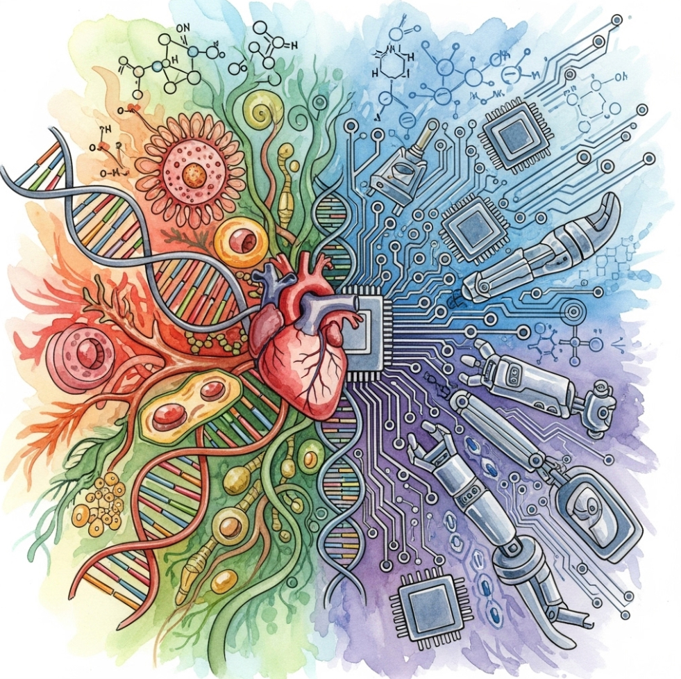 An illustration of a human heart surrounded by biomedical engineering elements.