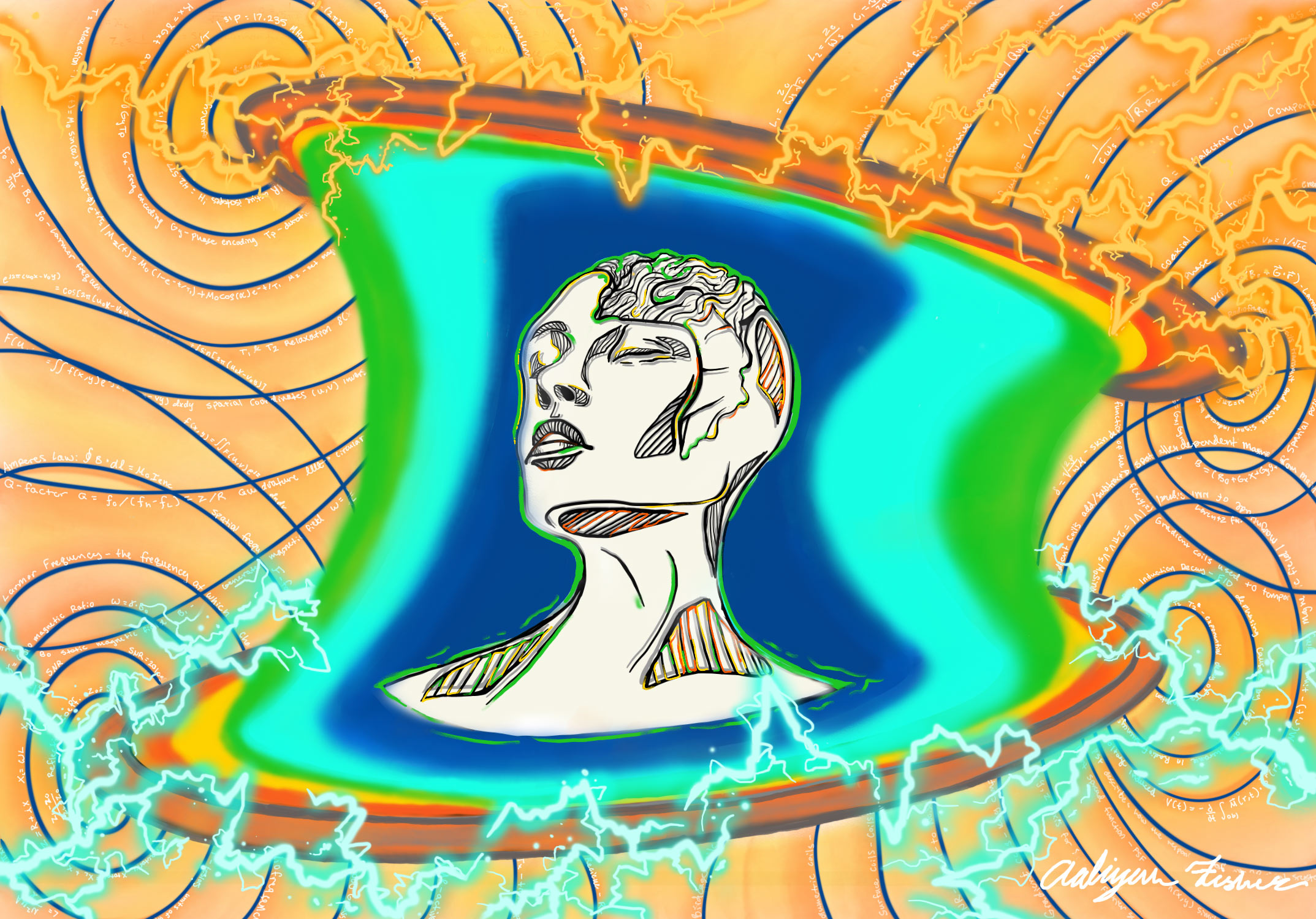 An illustration of a humanoid surrounded by electrical currents and a magnetic field. 