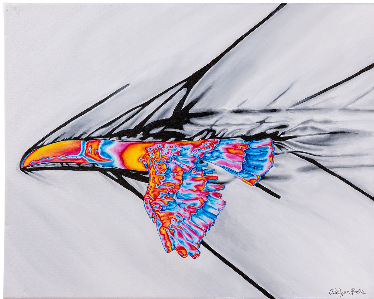 Artwork of bird shown in bright color blotches on a dull background featuring dark lines and shades to show the airflow of the bird’s flight.