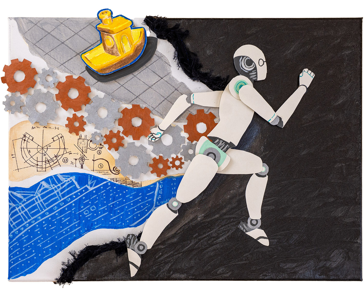 Cut paper shapes, paint and fabric depicting running robot with engineering patterns, objects and blueprint following in its wake.