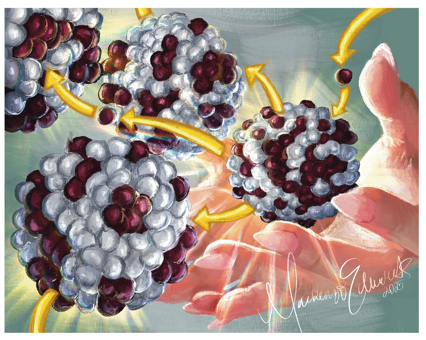 Painting of human hands releasing colorful clusters of atomic formations with arrows showing movements of smaller particles.