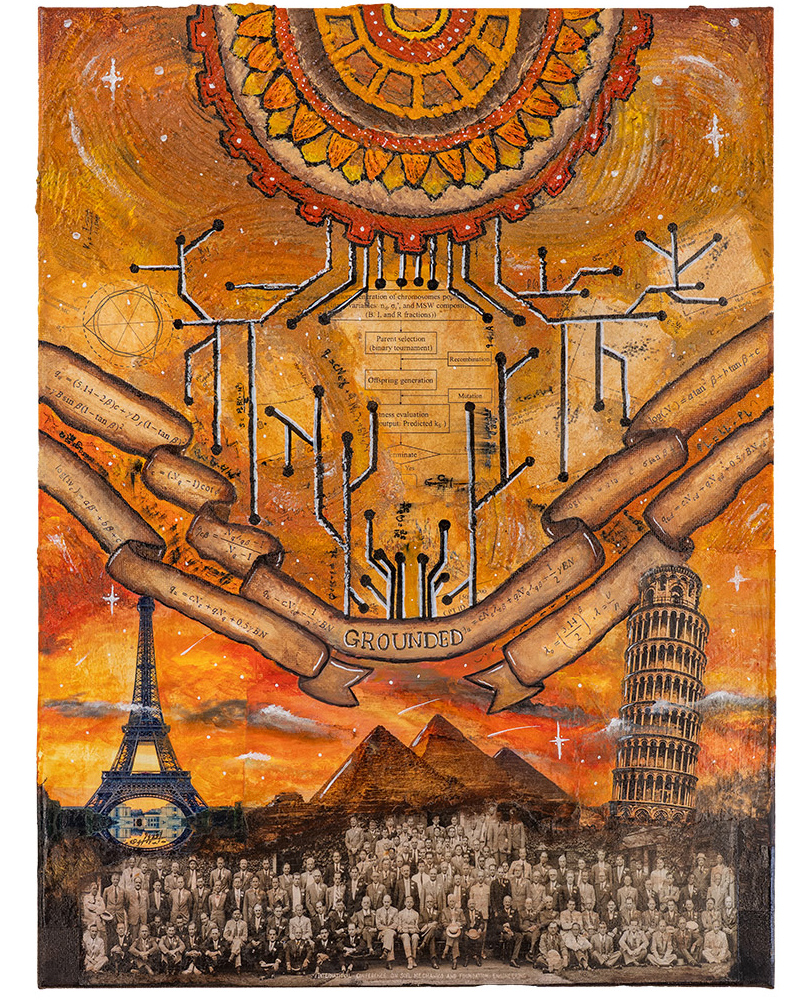 Mix of old photos of people and famous structures near bottom with painted sky, decorative sun and timeline of events above.