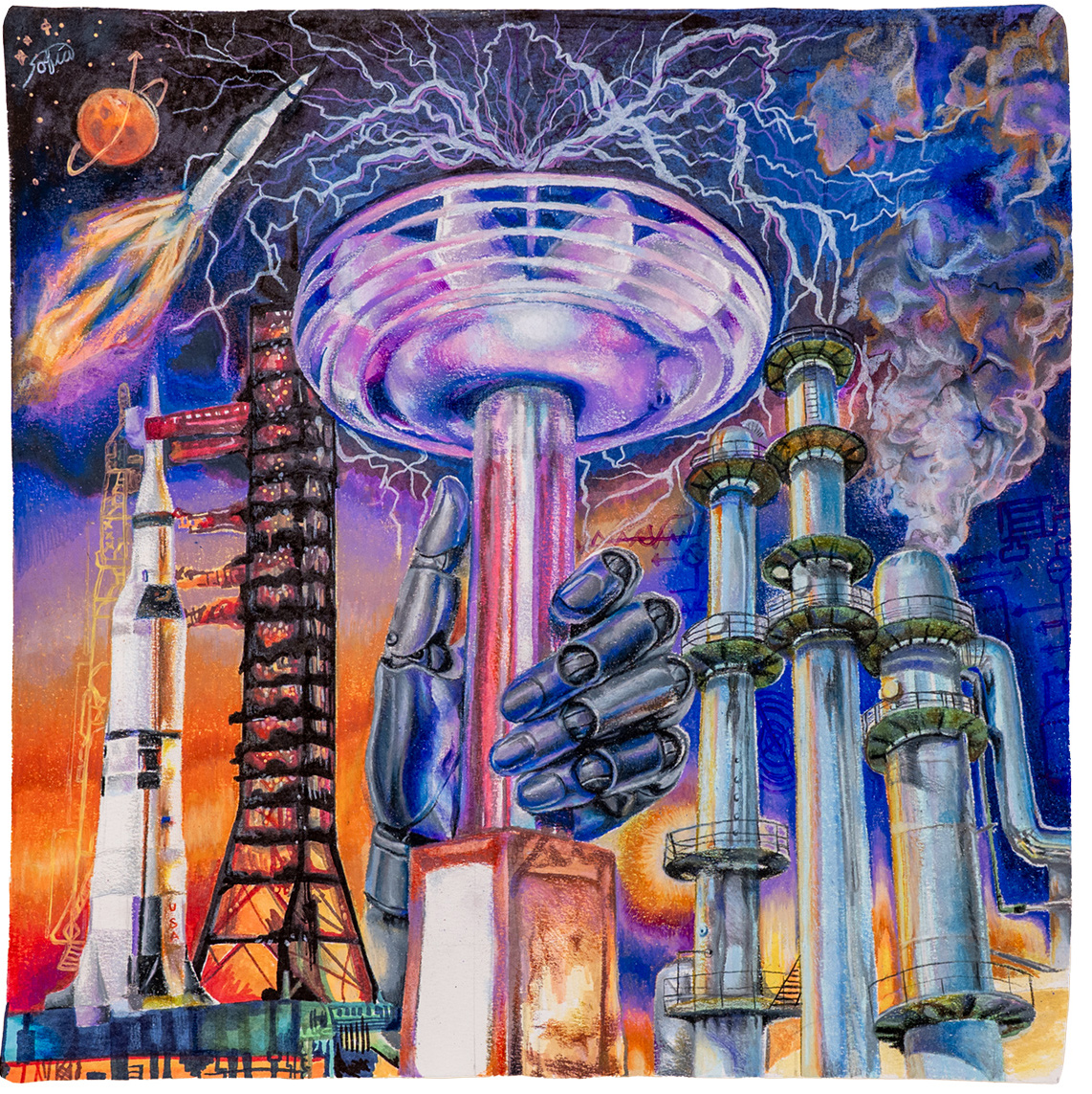 Brightly colored artwork depicting rockets, a Tesla coil, generators and a robotic hand in foreground and lightning, steam and planets behind. 