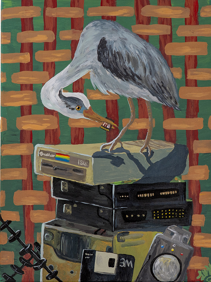 Painting of bird standing atop stack of old electronic hardware. 