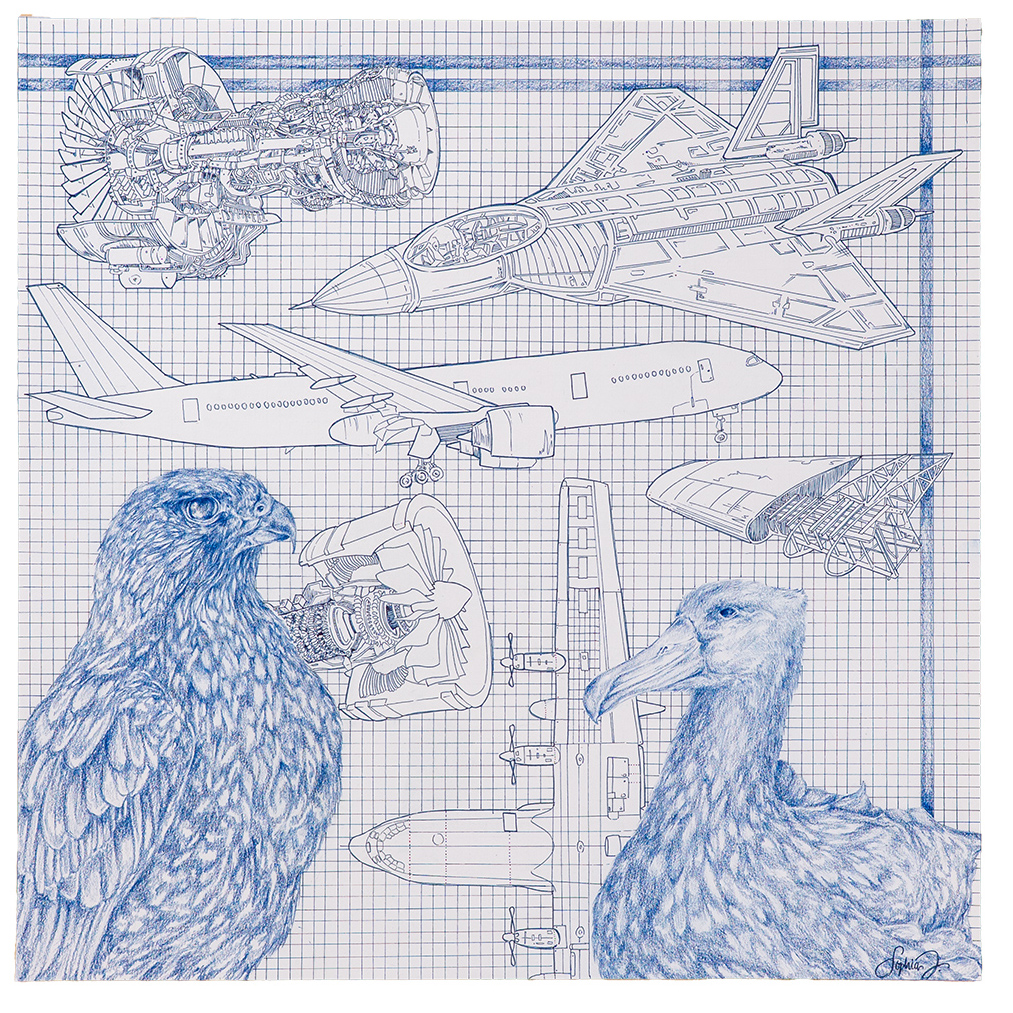Monochrome pencil sketches of a hawk and albatross and graphically rendered airplanes and engines on a grid background.