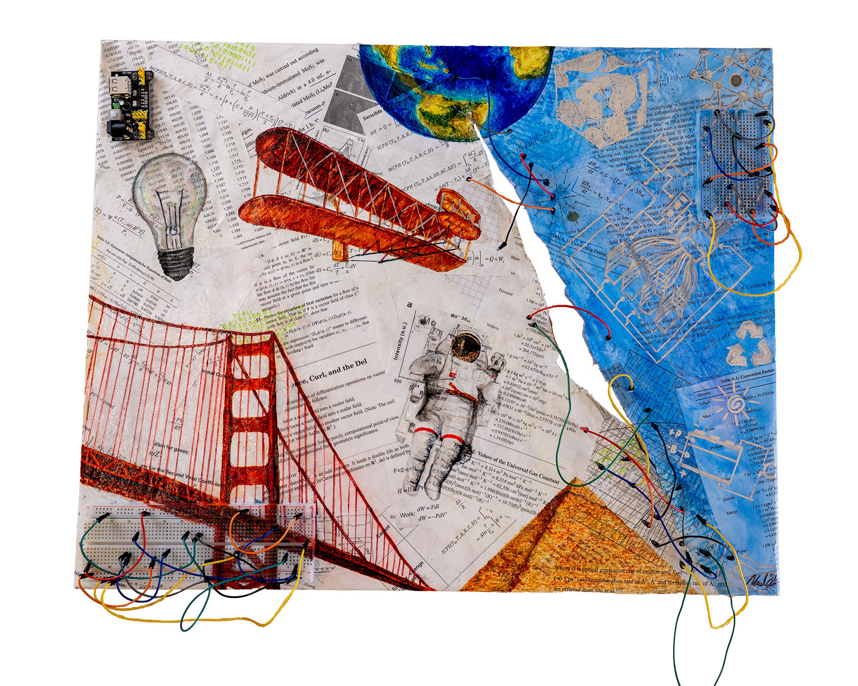 Collage of engineering schematics and components, including a light bulb, an early airplane, a pyramid and the Golden Gate Bridge.