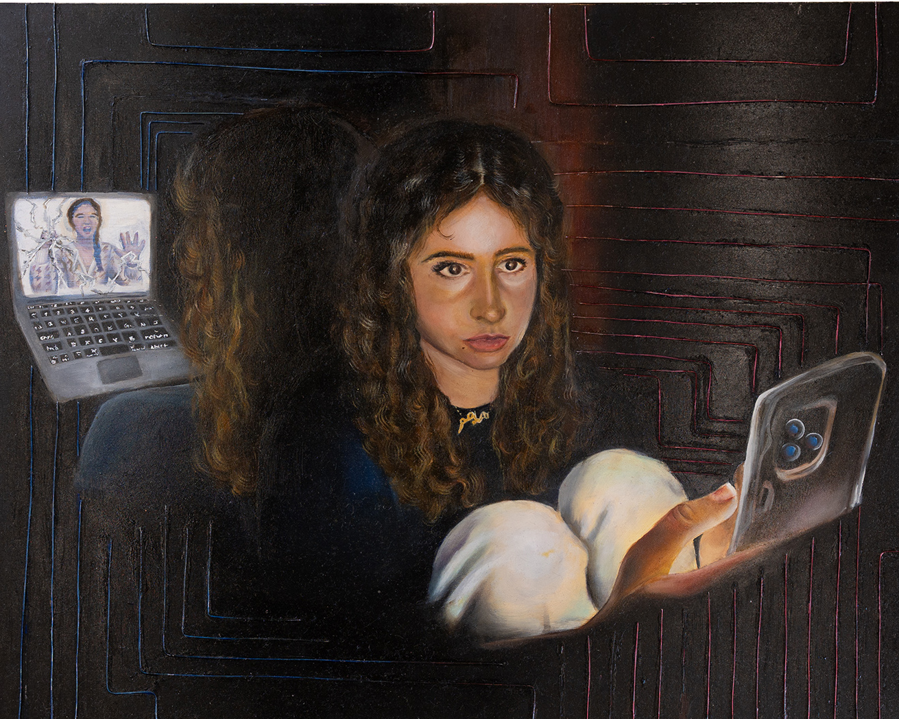 Portrait of a woman on a dark background, staring at a smartphone before her and trapped inside a laptop computer screen behind her.