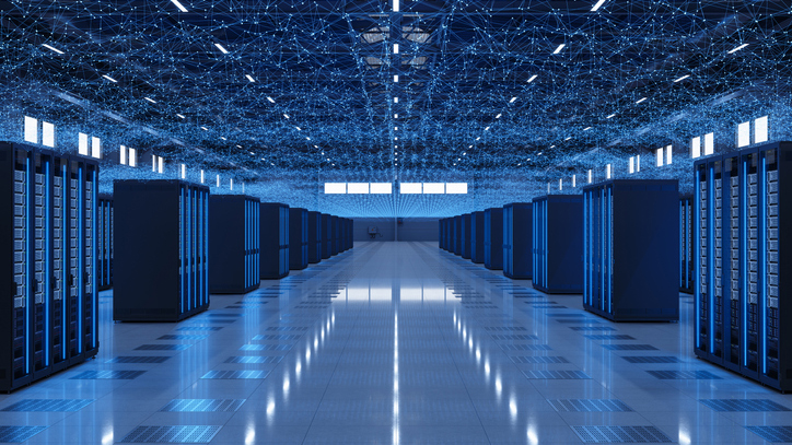 Server racks and connection dots in a warehouse.