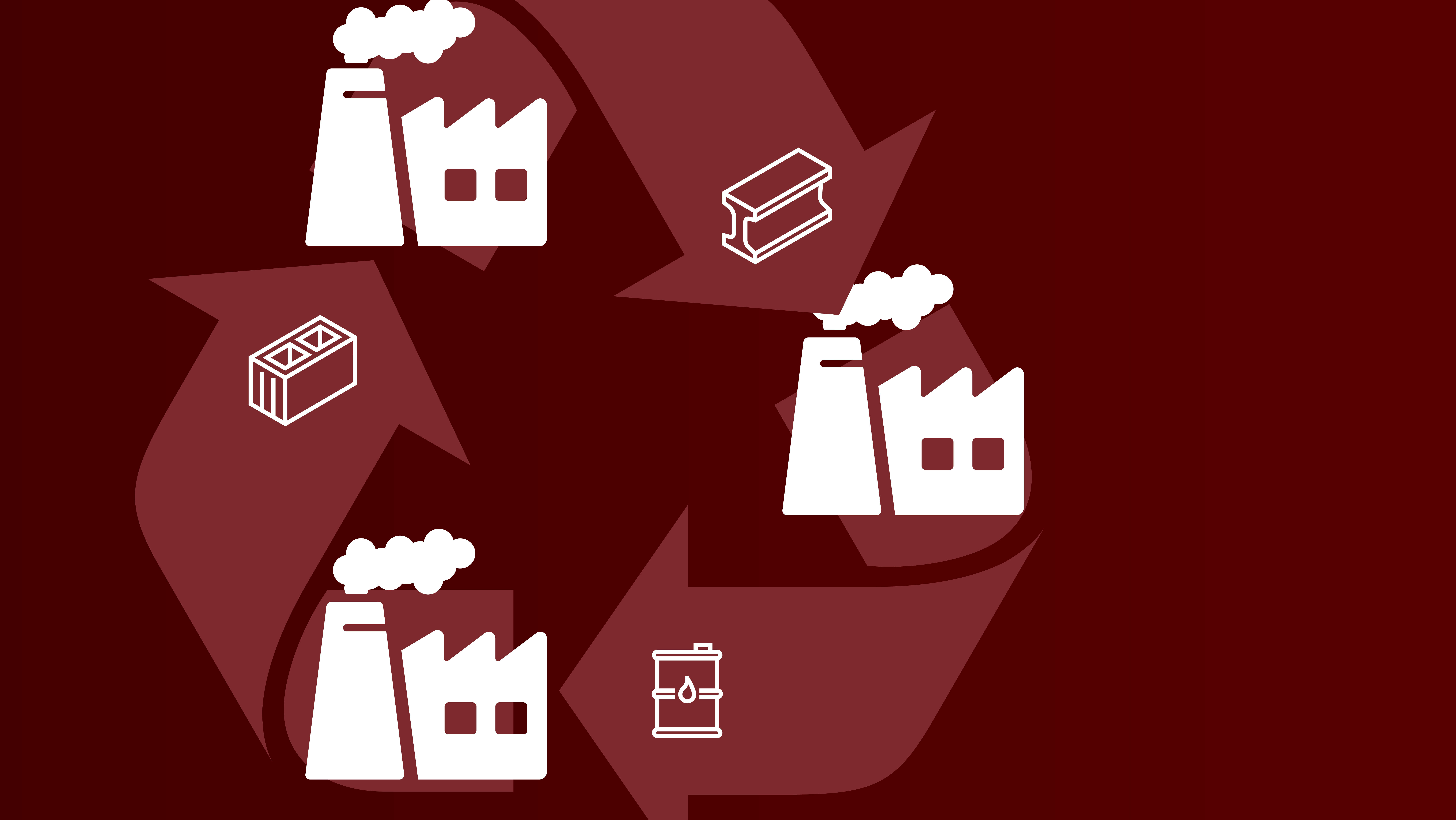 Illustration depicting a recycling symbol with four factories, each emitting smoke. Three factory icons are connected by arrows, accompanied by symbols of a brick and a container, suggesting a focus on industrial recycling processes.