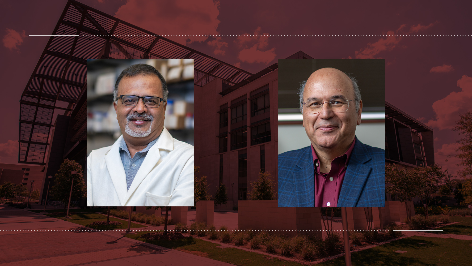 Two headshots of men on a maroon background.