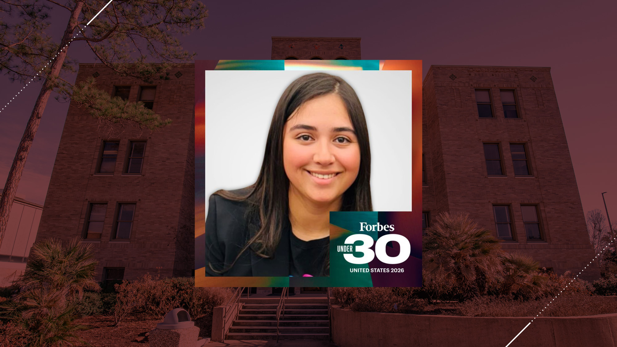 A headshot of Katie Calderon with text, Forbes Under 30 United States 2026 on a maroon background. 