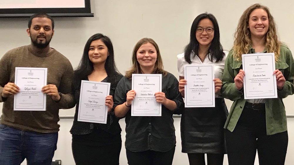 The winning team for Invent for the Planet 2019 from Swansea University. Students holding a certificate.